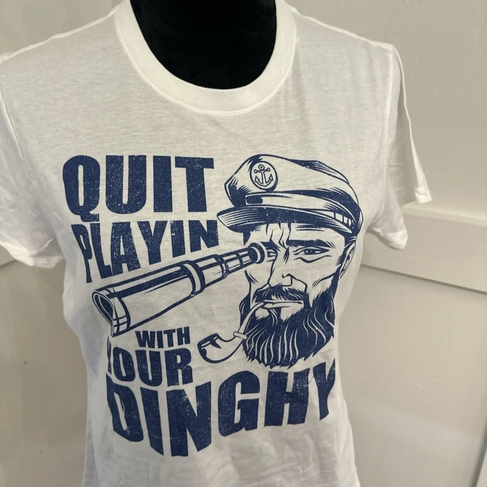 White Graphic‎ Tee with Blue Print
